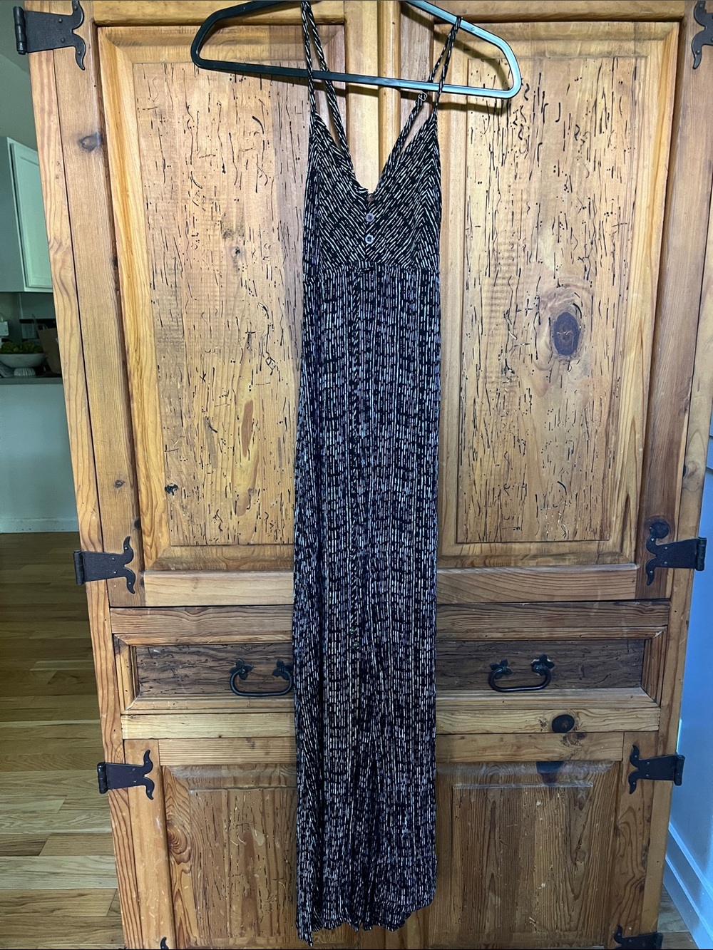 O’Neill Black and Taupe Printed Maxi Dress with Spaghetti Straps